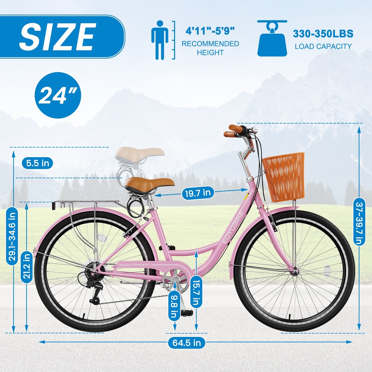 MOPHOTO Beach Cruiser Bike 24 inch Pink Commuter Bicycle for Women