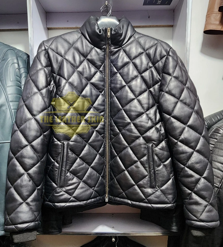 Men's Black Puffer Jacket Genuine Leather Lambskin Quilted Down Puffer Jacket - Image 2 of 4