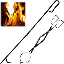 34" Long Fireplace Poker & 24" Fireplace Tongs Set, Heavy Duty, Indoor/Outdoor