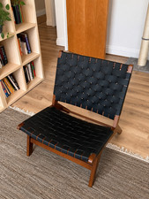 Modern Armchair Black Saddle Leather Strap Walnut Scandinavian Style