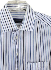 Canali Shirt Men XL 43 17 French Cuff Cotton White Blue Blk Striped Button Dress