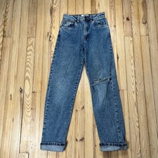 Cotton On Long Straight Leg Jeans Blue Distressed High Rise Womens Size 2 US