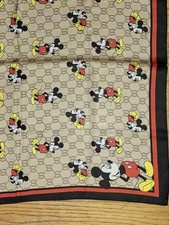 Mickey Mouse Print Scarf Fashion Silk Feel Beige Red Square 100 Polyester
