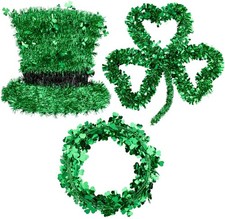 3 Pack St. Patrick  s Day Green Tinsel Garland Include Shamrock Wreath, Wire Gar