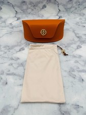 Tory Burch Sunglasses Case, Orange Leather Oval, Gold Logo, Cream Drawstring Bag