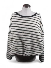 Free People Sweater Womens Medium White Black Striped Fuzzy Cozy Pullover
