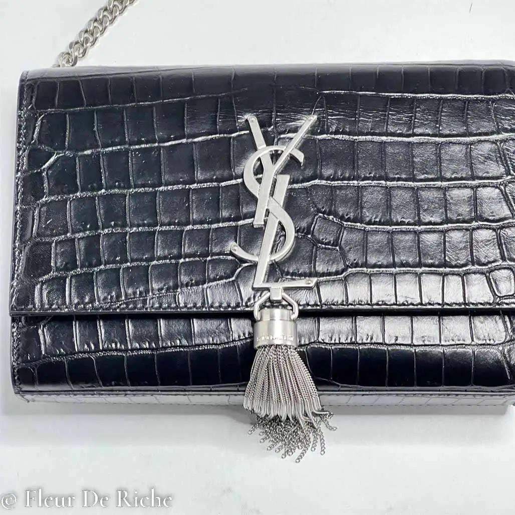 Borsa a tracolla Saint Laurent Kate nappa catena coccodrillo in rilievo nera 474366