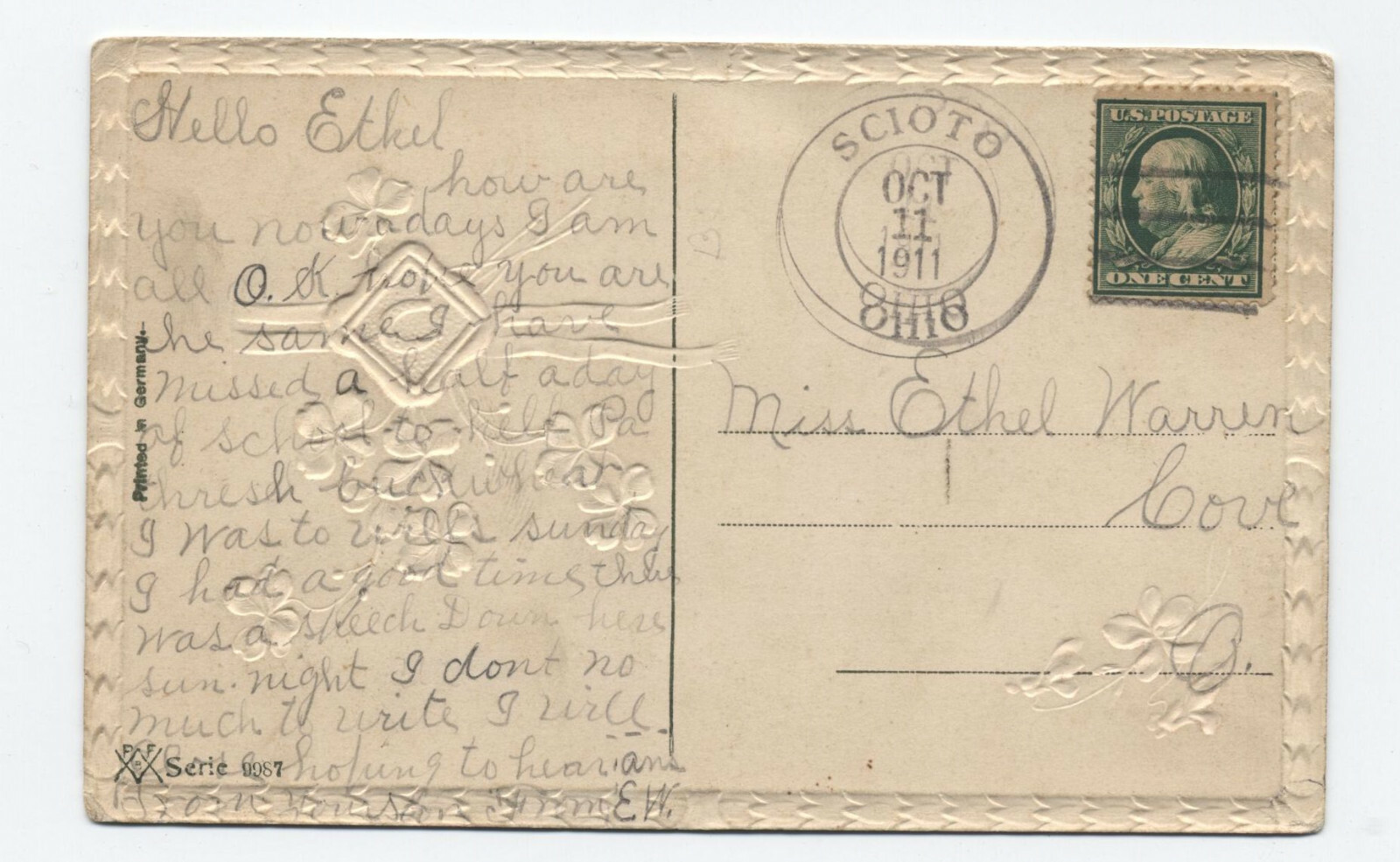 1911 Scio Ohio nonstandard double circle 4bar on postcard [4931] eBay