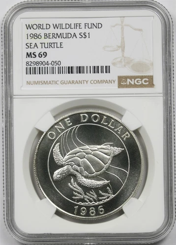 1986 Bermuda Sea Turtle $1 NGC MS 69 (World Wildlife Fund) Silver Dollar