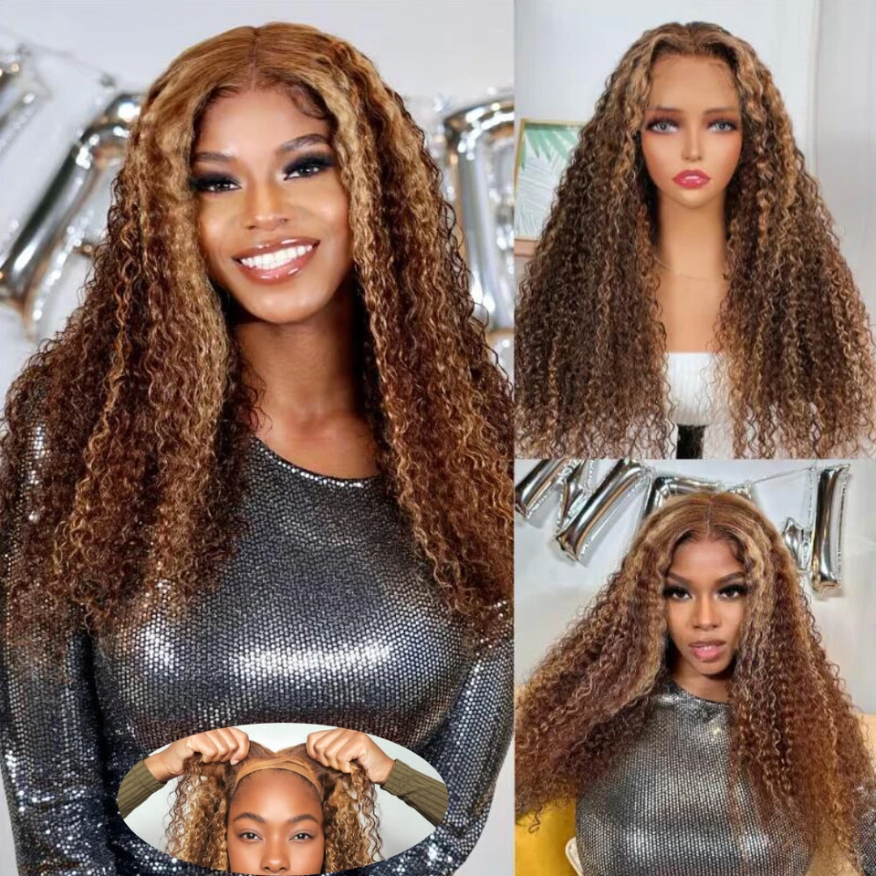 UNICE Pelucas Malasia Highlight Rizadas Pre Corte 13x4 Encaje Frontal Cabello Humano Sin Pegamento Foto 3 de 4