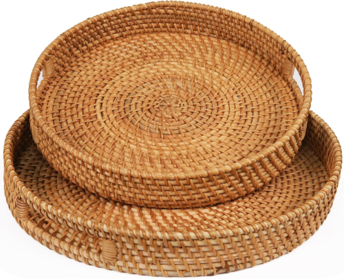 Round Rattan Tray, 2 Pack Handwoven Wicker Serving Trays with Handles for Storag