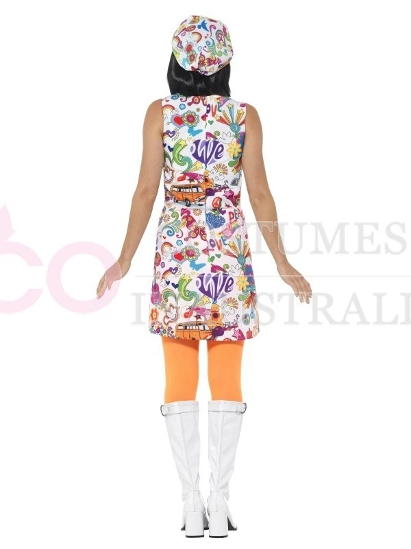 Damas 60s Hippie Chick Disfraz Años 70 Disco Retro Groovy Go Go Baile Fiesta Vestido Foto 4 de 4