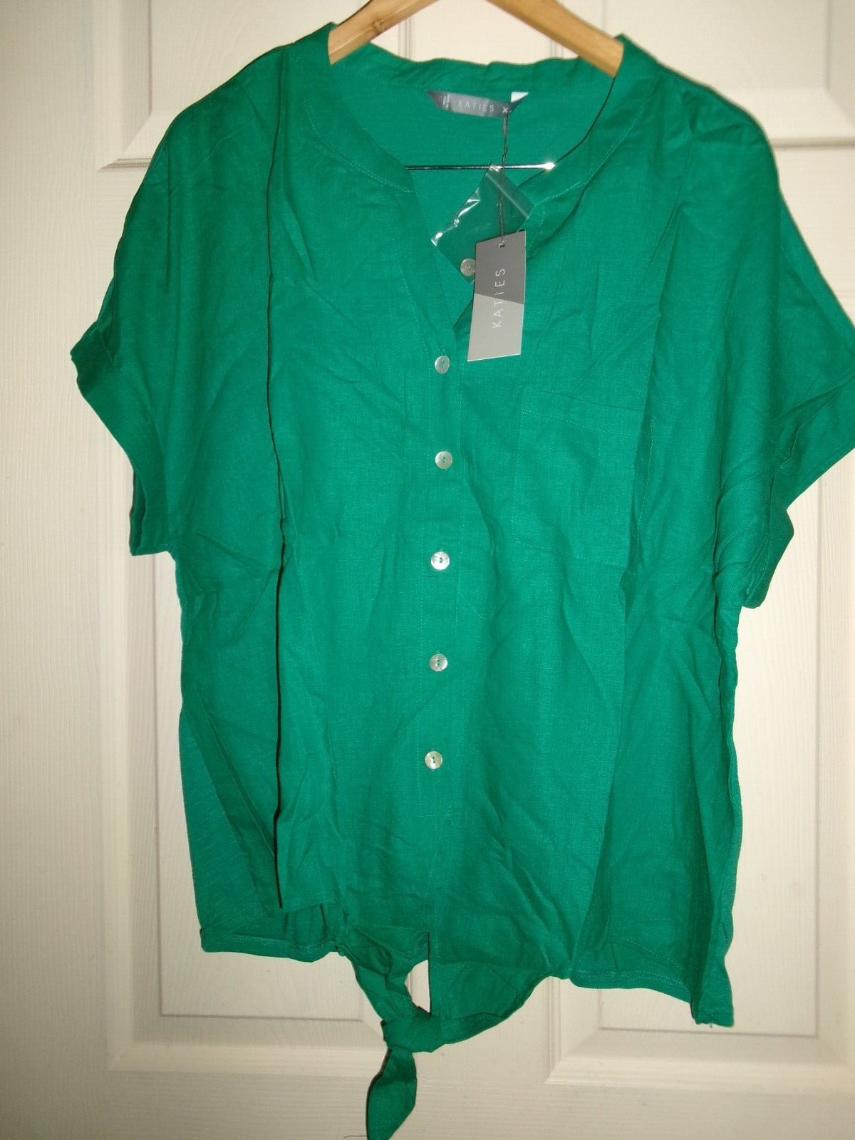 New W/tags KATIES Emerald Green Linen short sleeve tie TOP size XXL rrp $59.99