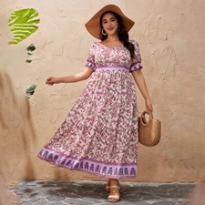 Plus Size Women Boho Floral Short Sleeve Summer Midi Dress Beach Party Dresses