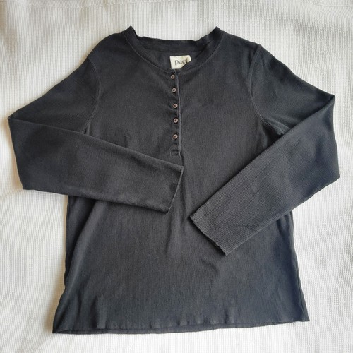 PACT Black Thermal Waffle Henley Size L Organic Cotton