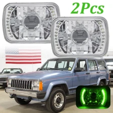 For 84-01 Jeep Cherokee XJ Pair 7x6 7x5 Green LED Halo Chrome Housing Headlights