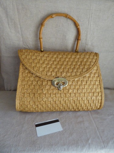 VINTAGE petit sac de dame rétro raphia anse bambou - Picture 9 of 9