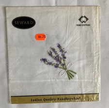 Seward Handkerchief with floral lavender embroidery. Cotton. new in packet. 020