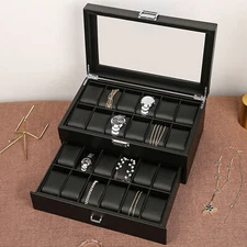 24 Slots Men Watch Storage Box Large Jewelry Display Case Organizer Holder Black
