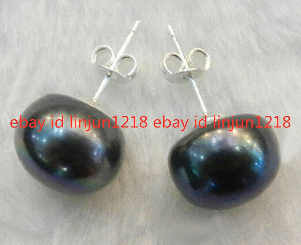 Huge 12-13mm Natural Black Tahitian Pearl 925 Sterling Silver Stud Earrings AAA - Image 2 of 4