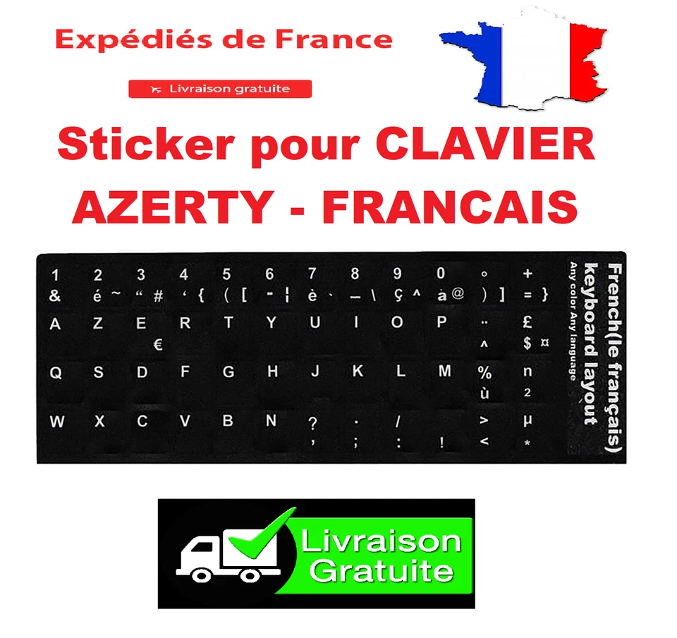 AUTOCOLLANT STICKERS AZERTY POUR CLAVIER PC TOUCHE FRANÇAIS A FOND NOIR