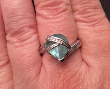 Vintage Silver Tone Signed JS Ring With Blue Pear Shaped Stone & Rhinestone Sz 9