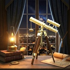 Vintage Nautical Brass Telescope with Wooden Tripod Maritime Antique Style