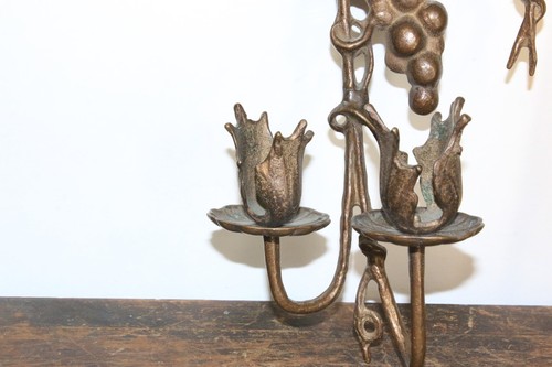 Vintage Brass Wall Sconces 2 candle Candelabra Grapes Leaves Motif Art Deco 12" - Picture 5 of 6