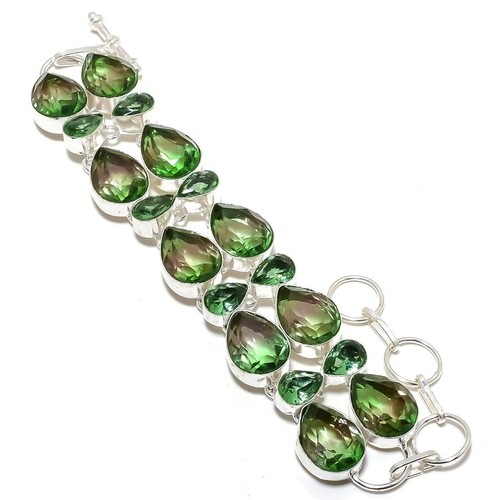 Bi-Color Tourmaline, Peridot Gemstone Handmade 925 Sterling Silver Bracelet 7-8"