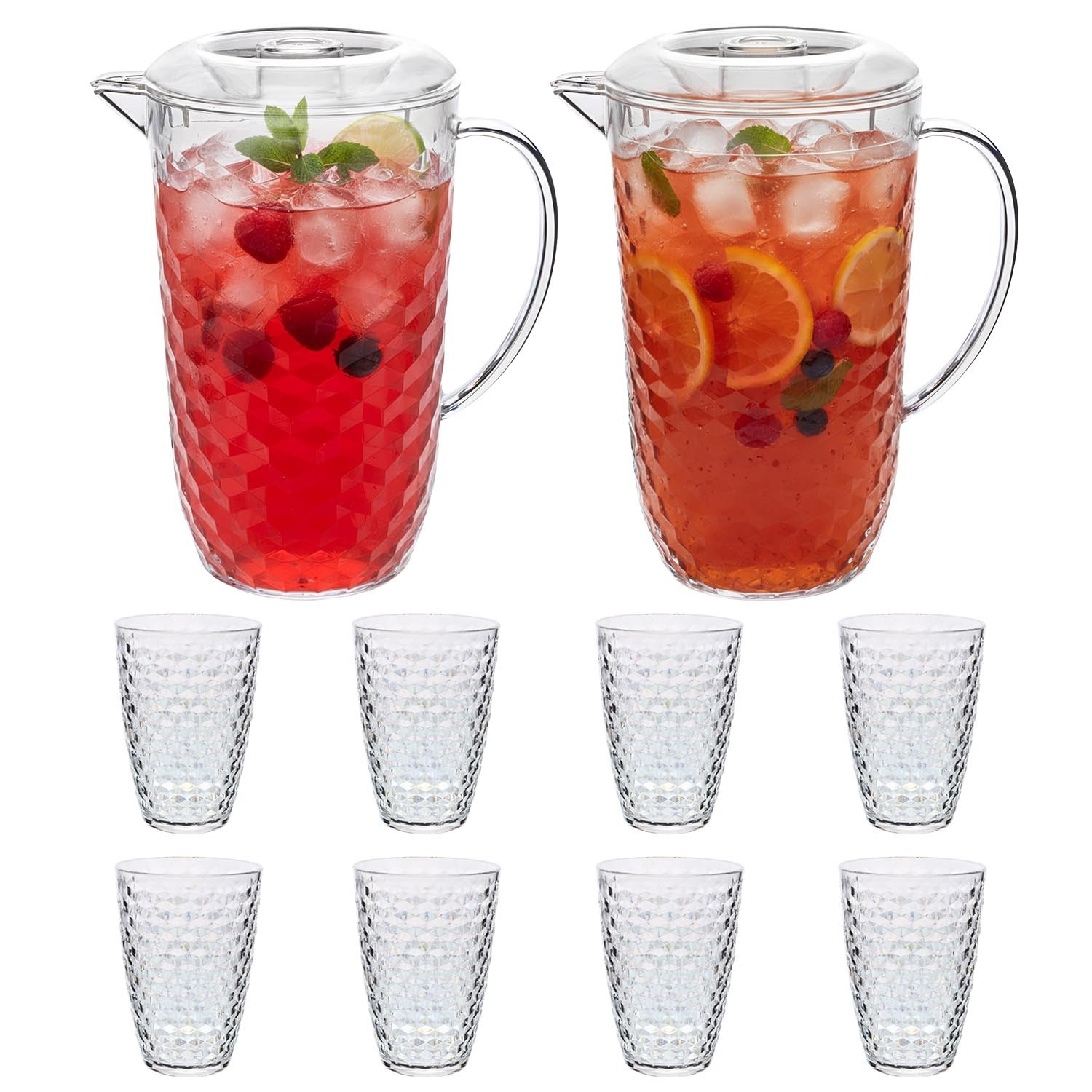Pitcher & Tumbler Set Reusable Acrylic 2pcs 2L Jug with 8pcs 400ml Cups Diamond