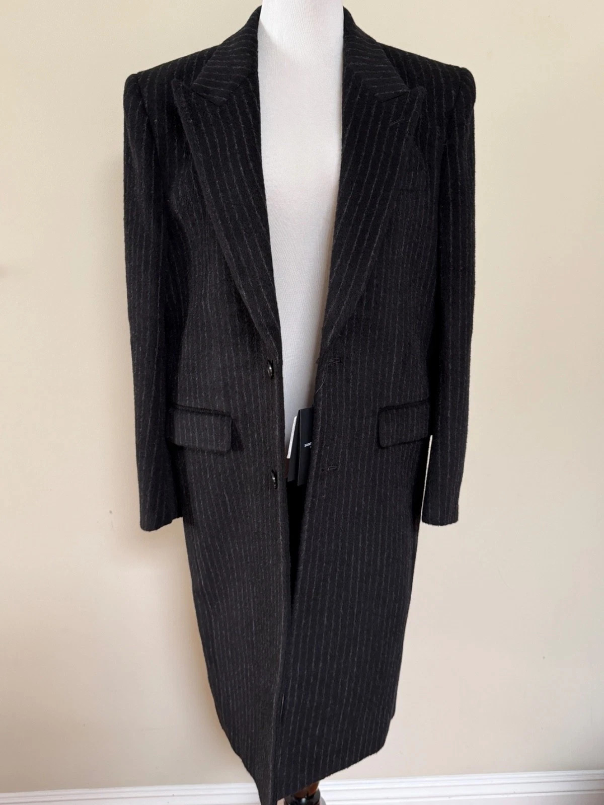 NWT Saint Laurent Manteau Tailleur Black Chalk Stripe Wool Mohair Coat 48 $5990