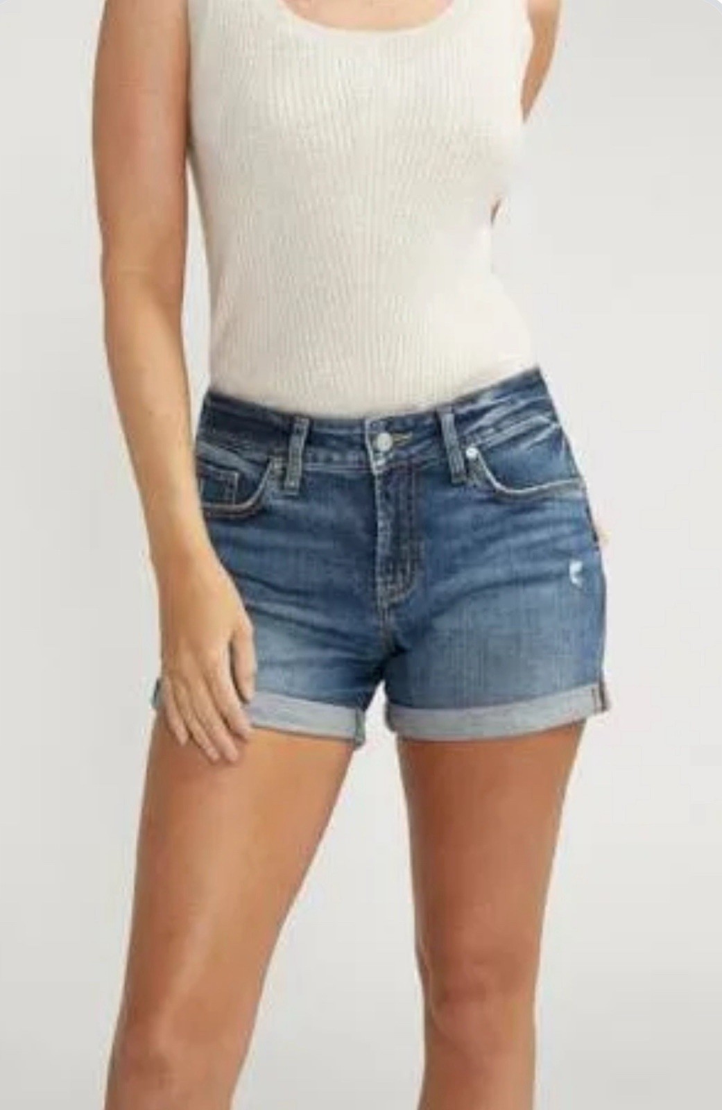 "Silver Jeans Co. Suki Short Curvy Fit Mid Rise Blue Denim Cuffed W31 4\""