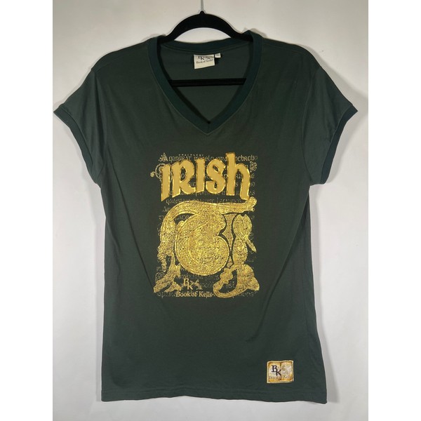 Book of Kells Trinity College Dublin V-Neck T-Shirt Green Gold Foil Irish XL