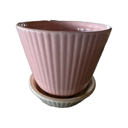 Shawnee 494 Pink White Ceramic Round Planter with Saucer Glossy Solid Color