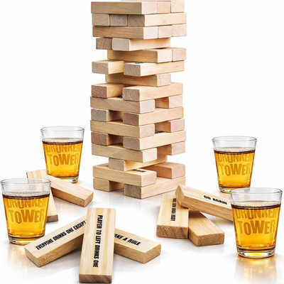 Tumbling Tower Drinking Games for Adults, with 4 Glasses and 48 Wooden Blocks wi