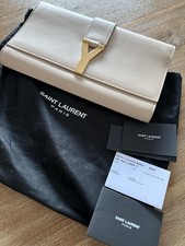 YSL Yves Saint Laurent Y Line Clutch Bag Pouch Purse Leather Beige
