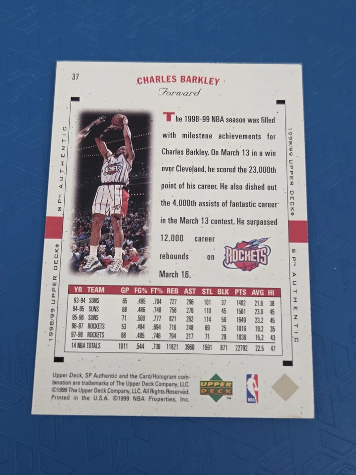 1998-99 SP Authentic #37 Charles Barkley Basketball Card Buy 10+ 50% Off 8G - Image 2 of 2