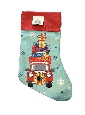 New Holiday Style Christmas   Stocking With Car & Presents Blue/Green Red