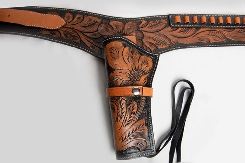 NEW 44/45 Cal Tooled Holster Gun Belt Drop Loop LEATHER Western RIG SASS Cowboy - Picture 37 of 44