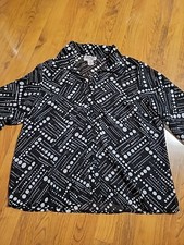 Vintage Joanna Plus 1X Polyester Black White 3/4 Sleeve Blouse/ Top All Overprnt