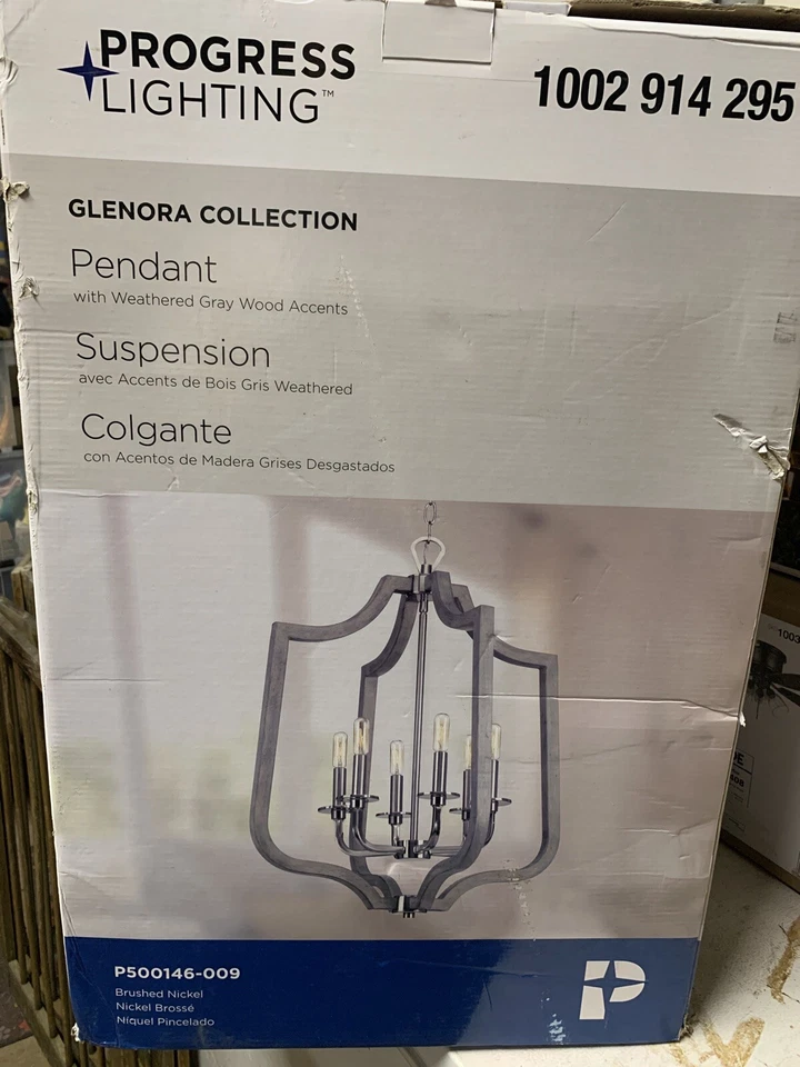 Colgante Glenora Collection 6 luces de níquel cepillado con acento de madera gris desgastado Foto 2 de 2