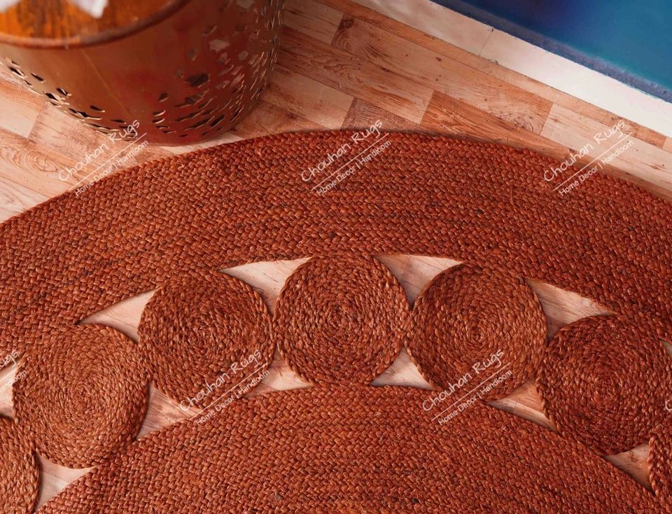 Alfombra de yute vintage, alfombra de yute festoneada redonda trenzada a mano, alfombra color naranja Foto 4 de 4