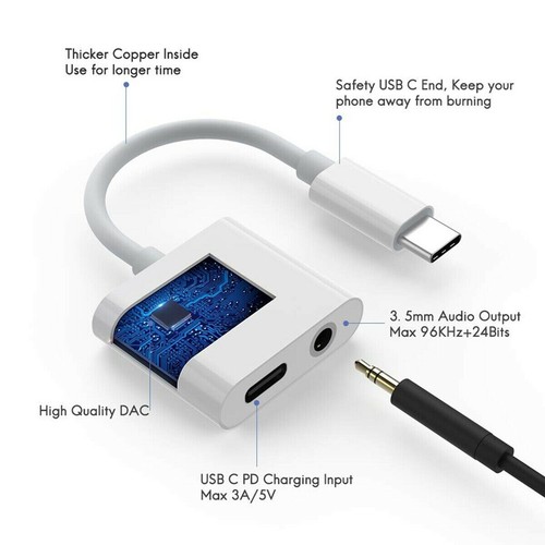 2in1 Google Pixel 2/3/4 Type C Digital to 3.5 mm Headphone Adapter Cable w/ DAC - Picture 4 of 5