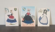 Lot de 3 cartes postales brodées avec tissu années 1980' ( Régions Françaises )