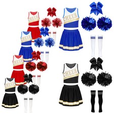 Girls Cheer Leader Costume Dance Outfits Crop Top Skirts Pom Poms Socks Headwear