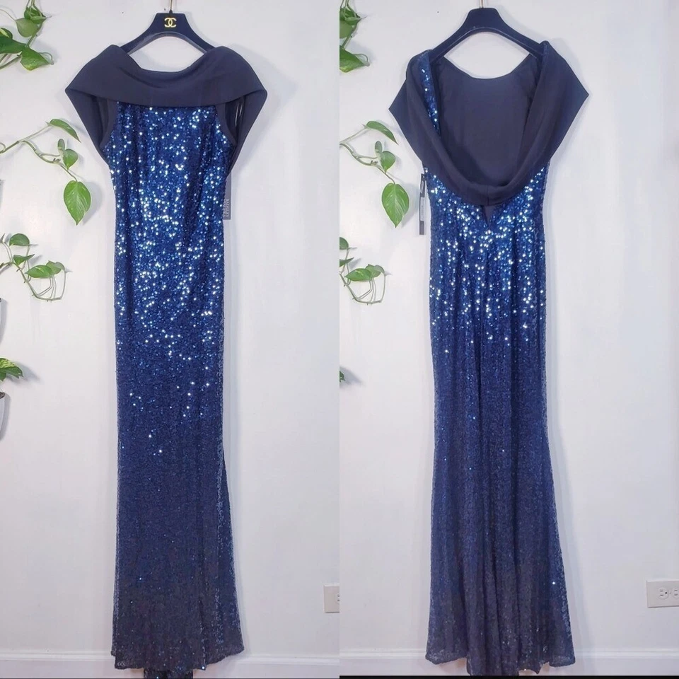 NUEVO CON ETIQUETAS BADGLEY MISCHKA Maxi Vestido Azul Largo 2 XS Lentejuelas Capucha Drapeado $995 Foto 4 de 4
