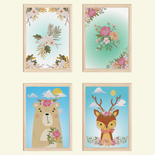 Waldtiere Blumen Bär Reh Bilder 4er Set DIN A4 Kinderzimmer Wandbilder Babyzimm