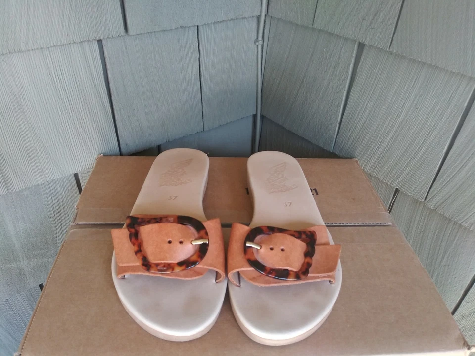 ANCIENT GREEK SANDALS Aglaia Brown Leather Slides Size 37 - Image 2 of 4