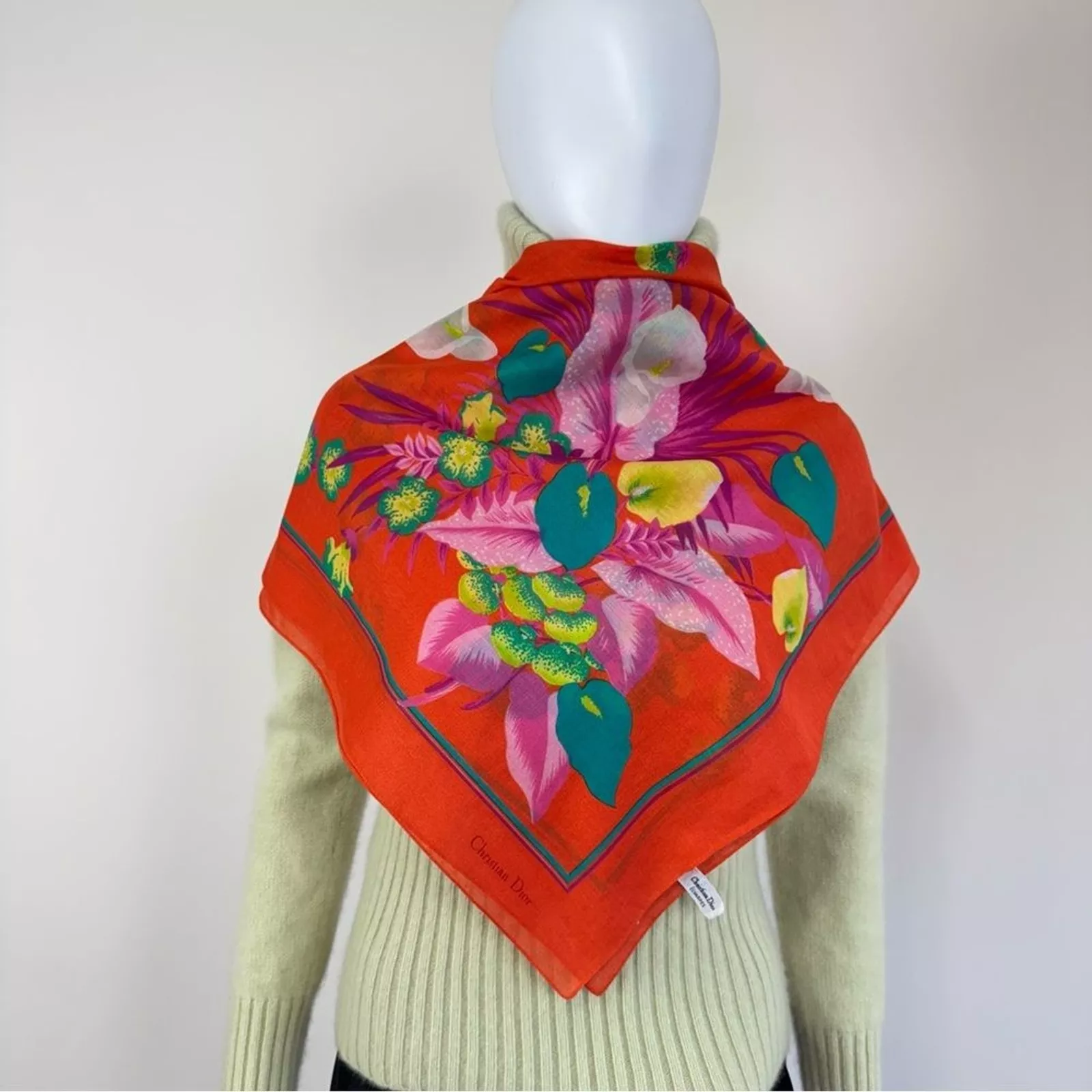 Foulard carré Christian Dior vintage imprimé floral mouchoir coton