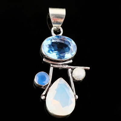 Blue Topaz Gemstone Handmade Pendant 925 Sterling Silver Jewelry - 2.3''